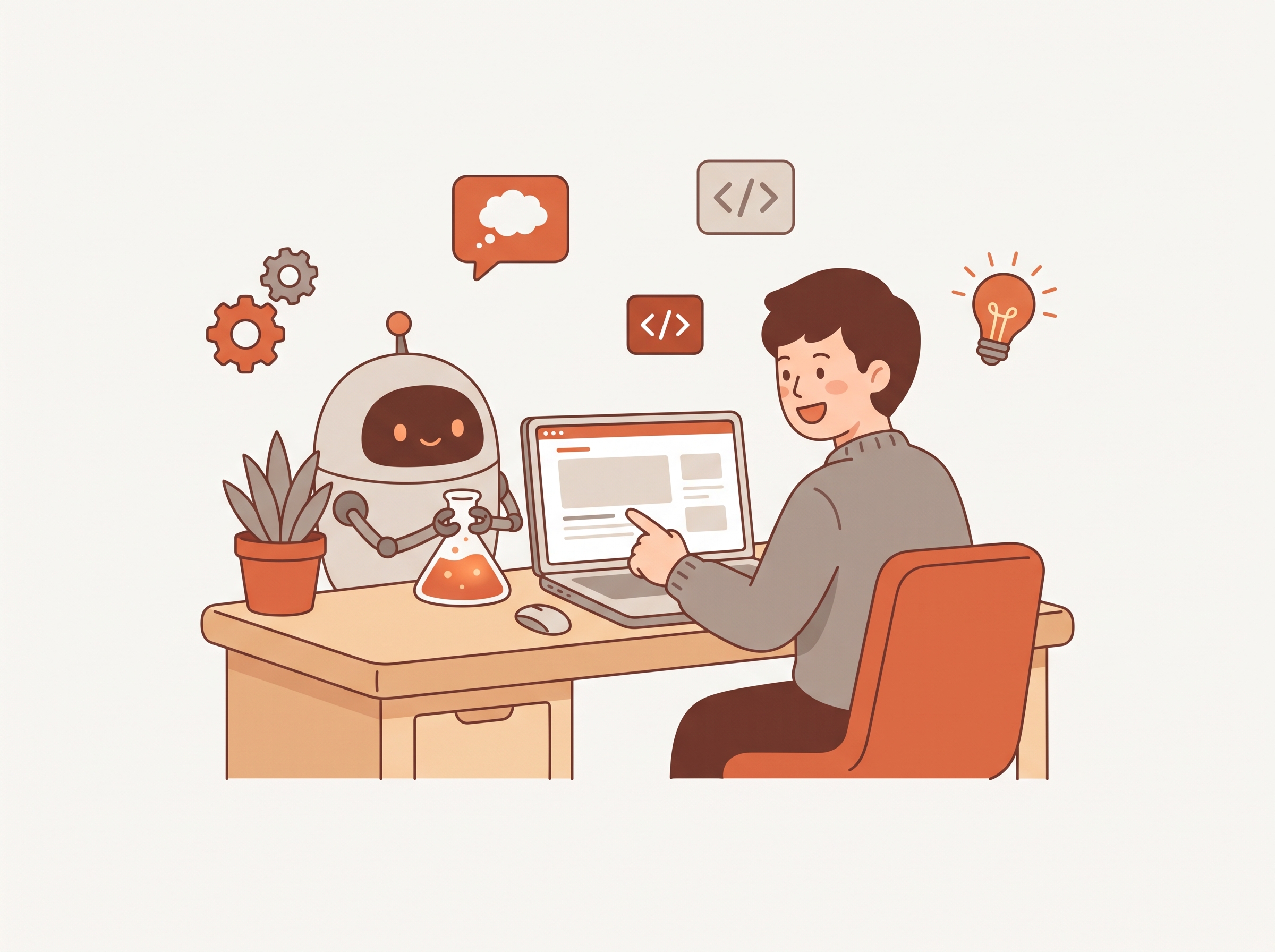 AIロボットと一緒にブログの実験をするイラスト
